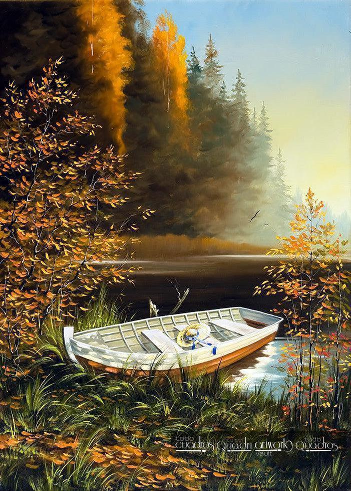 Bote y pantano - Paisaje al óleo